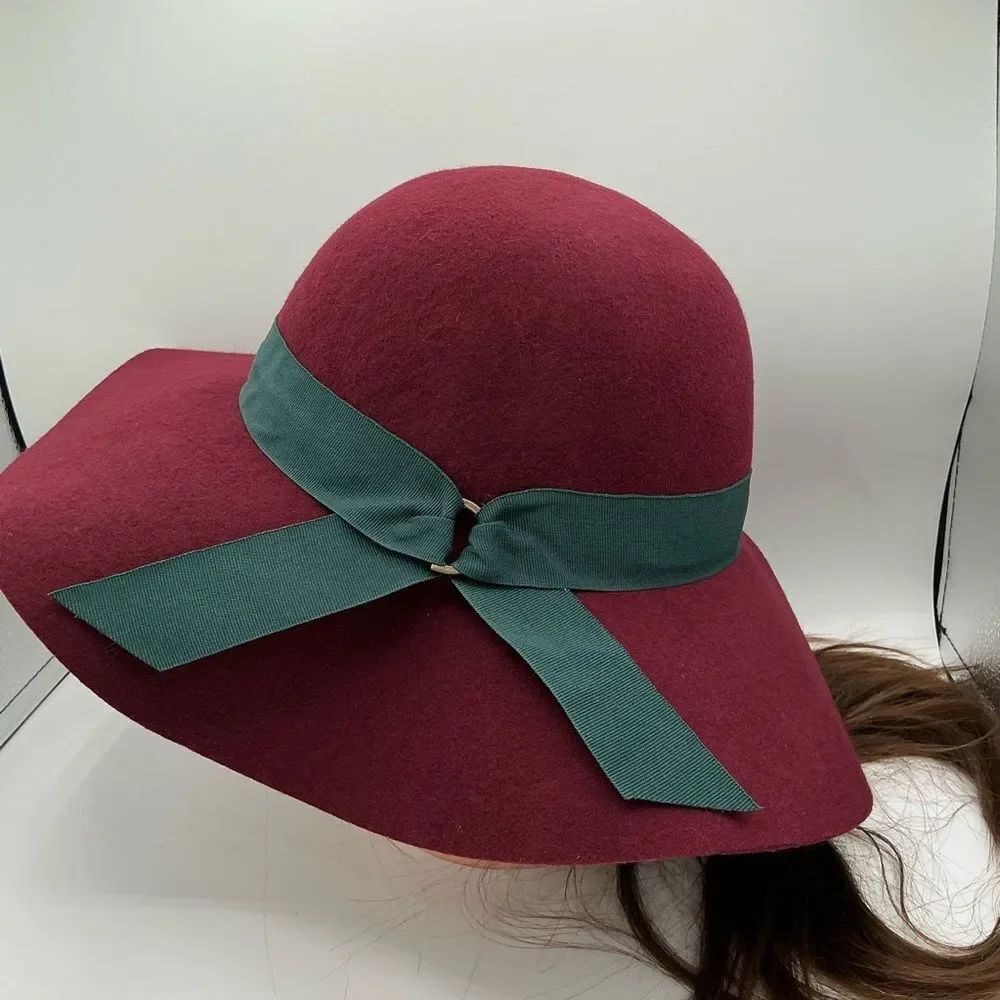 Eugenia Kim Burgundy Wool Floppy Hat with Green Bow NWT